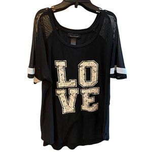 ASHLEY STEWART WOMEN'S  BLACK & WHITE LOVE SHIRT WITH MESH SHOULDERS SIZE LARGE